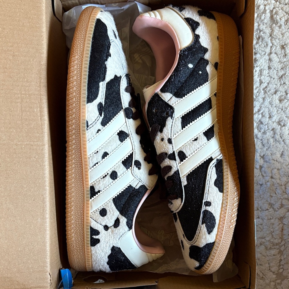adidas Brown and White Cow Print Sneakers